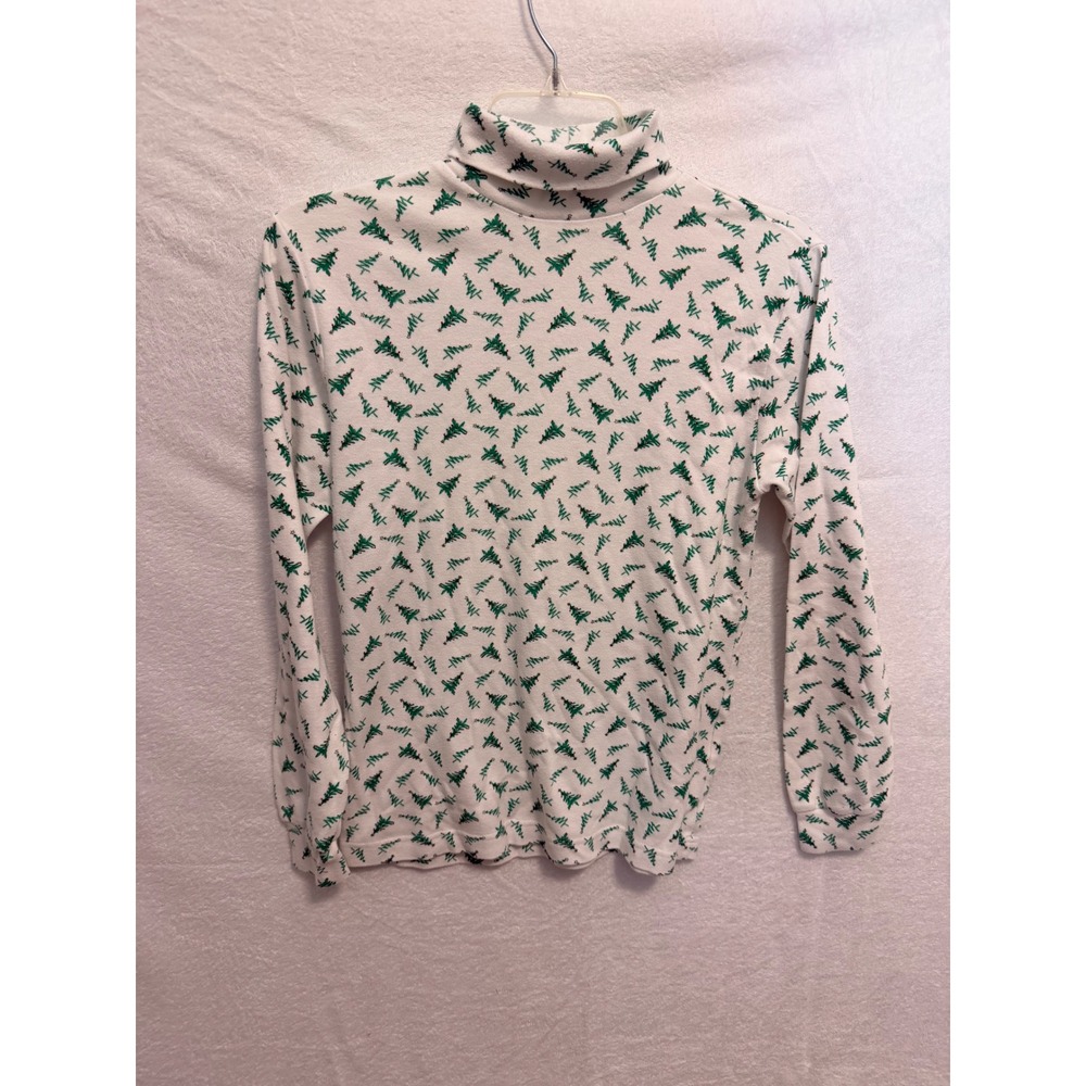 Basic Editions Holiday Christmas Tree Turtleneck Top White Green Small